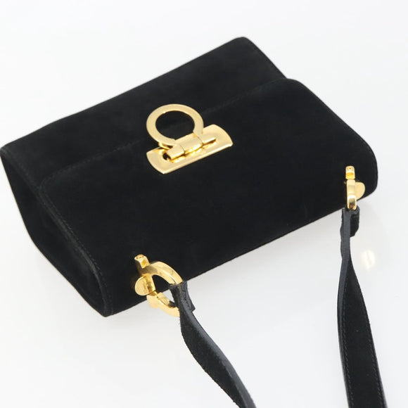 Salvatore Ferragamo Gancini Shoulder Bag Suede Black Gold Auth 194354A