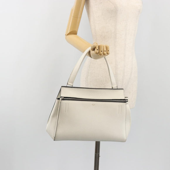 CELINE Edge Medium Hand Bag Leather White Silver Auth 194359A