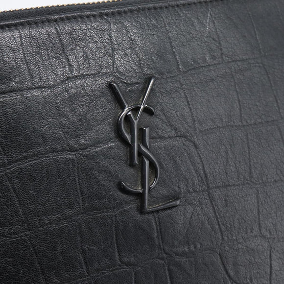 SAINT LAURENT Clutch Bag Leather Embossed Black Auth 194360A
