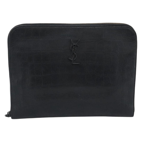 SAINT LAURENT Clutch Bag Leather Embossed Black Auth 194360A