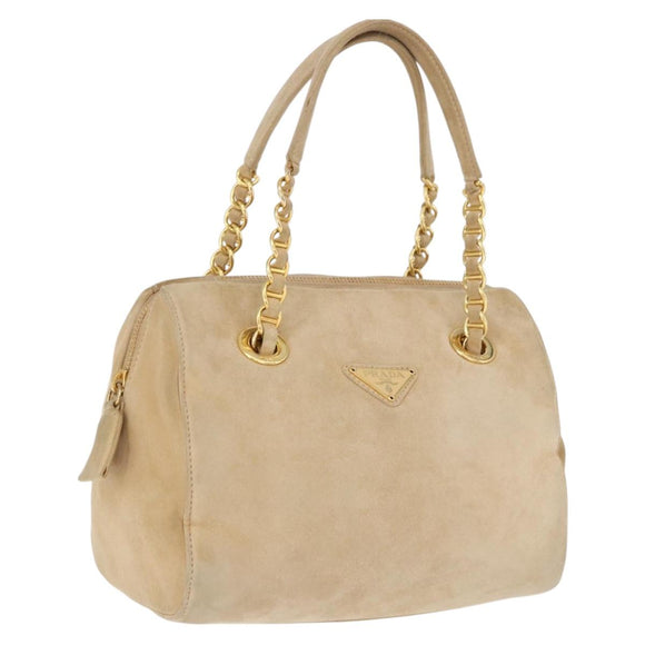 PRADA Hand Bag Suede Beige Gold Auth 194377A