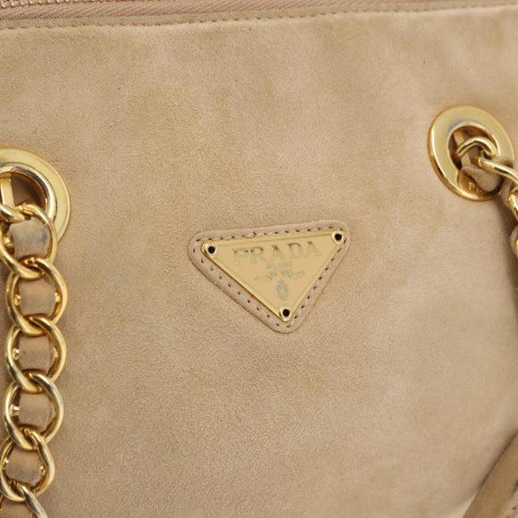PRADA Hand Bag Suede Beige Gold Auth 194377A