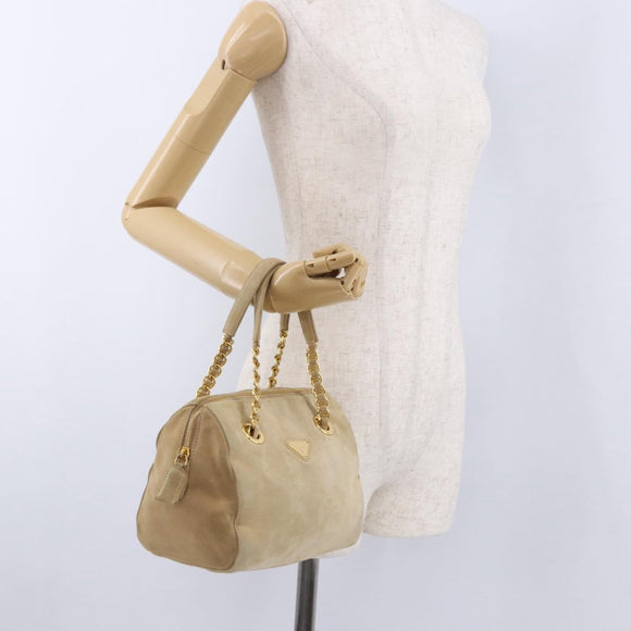 PRADA Hand Bag Suede Beige Gold Auth 194377A