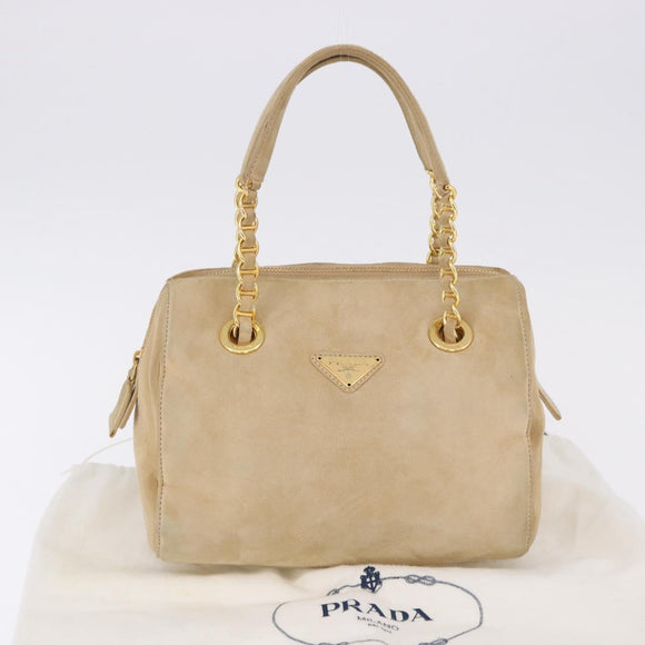 PRADA Hand Bag Suede Beige Gold Auth 194377A