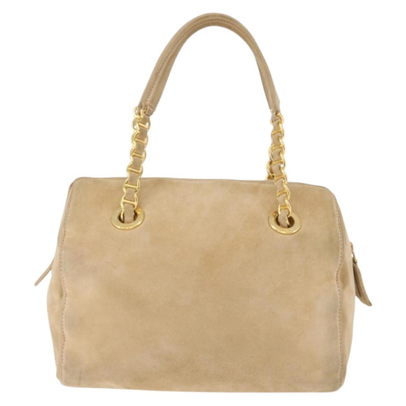 PRADA Hand Bag Suede Beige Gold Auth 194377A