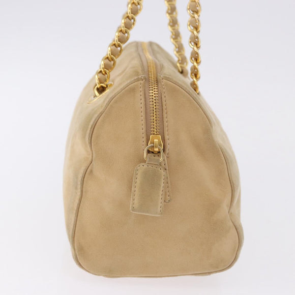 PRADA Hand Bag Suede Beige Gold Auth 194377A