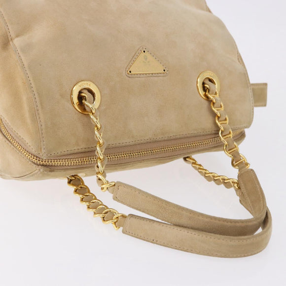 PRADA Hand Bag Suede Beige Gold Auth 194377A