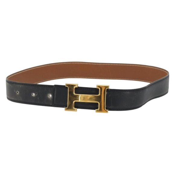 HERMES Constance H Belt Leather 31.9"" Black Gold Auth 194379