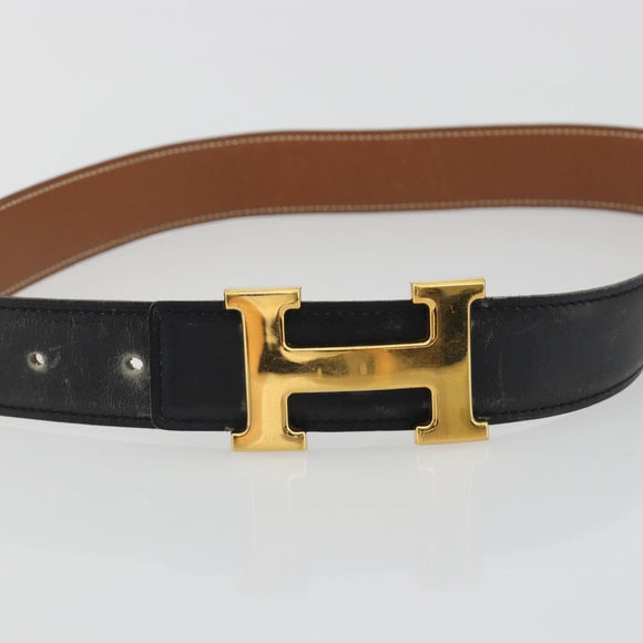 HERMES Constance H Belt Leather 31.9"" Black Gold Auth 194379