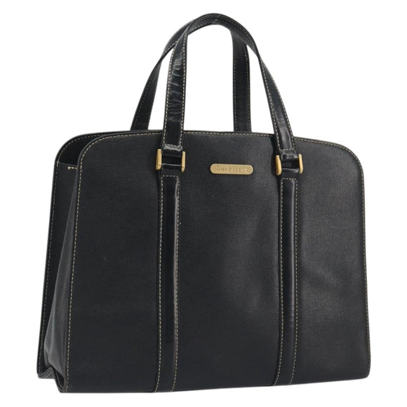 Burberrys Hand Bag Leather Black Gold Auth 194380