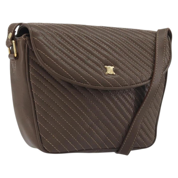 CELINE Shoulder Bag Leather Brown Gold Auth 194395A