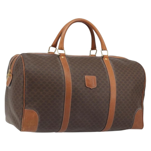 CELINE Macadam Canvas Boston Bag PVC Leather Brown Gold Auth 194398