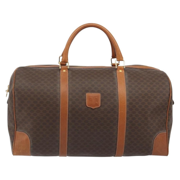 CELINE Macadam Canvas Boston Bag PVC Leather Brown Gold Auth 194398