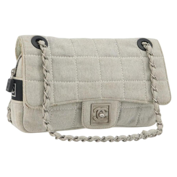 CHANEL Sports Line Choco Bar Chain Bag Cotton Gray Silver CC Auth 194404A