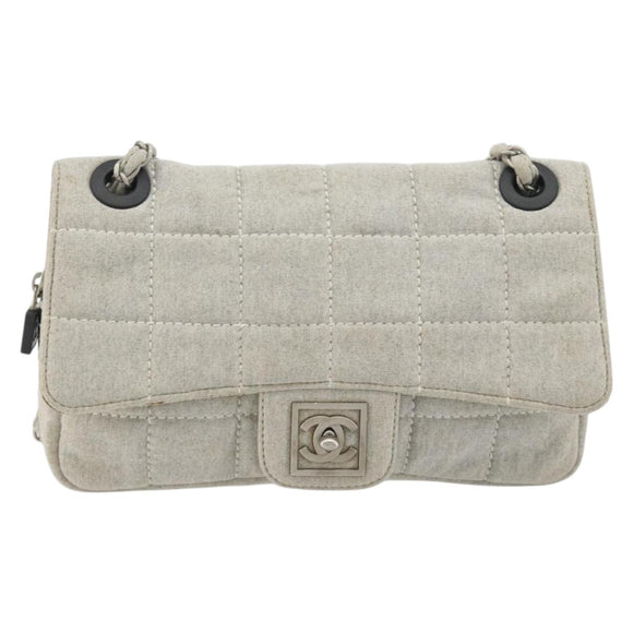 CHANEL Sports Line Choco Bar Chain Bag Cotton Gray Silver CC Auth 194404A