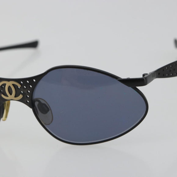 CHANEL Sunglasses Plastic Black Gold Tone CC Auth 194408