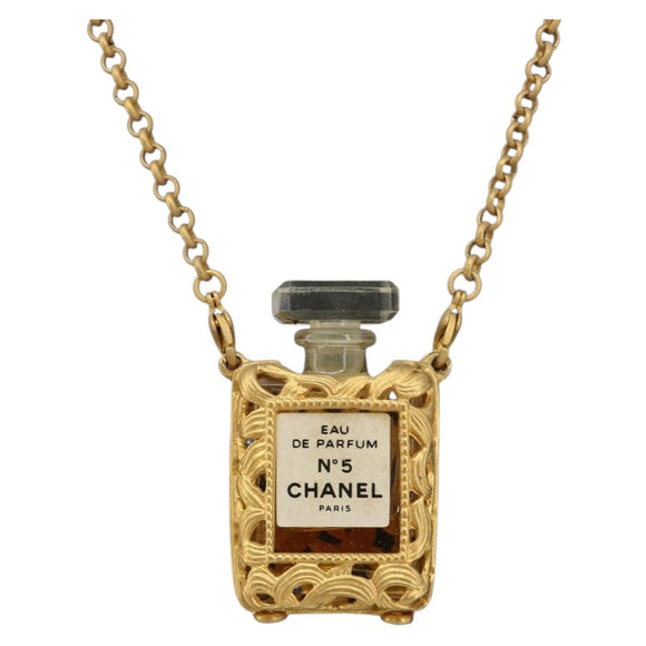 CHANEL Perfume Necklace Metal Gold Tone Clear CC Auth 194412