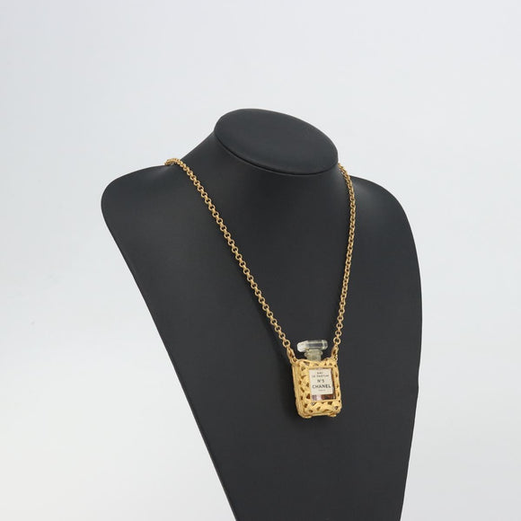 CHANEL Perfume Necklace Metal Gold Tone Clear CC Auth 194412