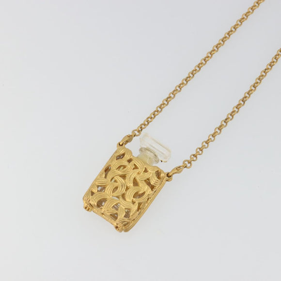 CHANEL Perfume Necklace Metal Gold Tone Clear CC Auth 194412
