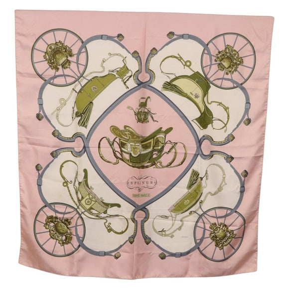 HERMES Carre 90 Scarf Silk ""SPRINGS"" Pink White Auth 194421