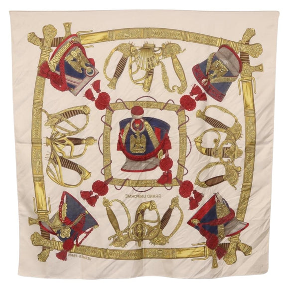 HERMES Carre 90 Scarf ”GRAND UNIFORME” Silk Beige Auth 194426