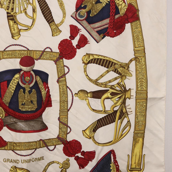 HERMES Carre 90 Scarf ”GRAND UNIFORME” Silk Beige Auth 194426