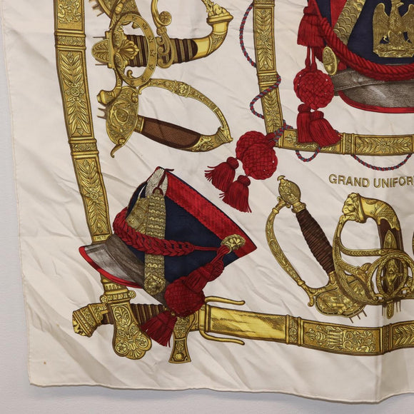 HERMES Carre 90 Scarf ”GRAND UNIFORME” Silk Beige Auth 194426