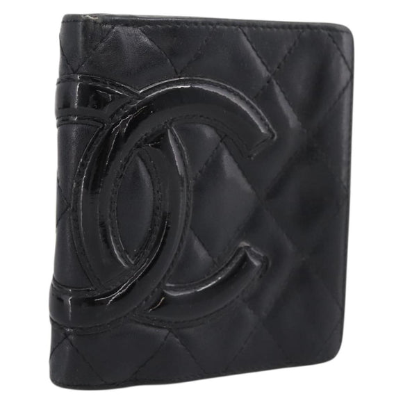 CHANEL Matelasse Cambon Line Bifold Wallet Leather Black Silver CC Auth 194479