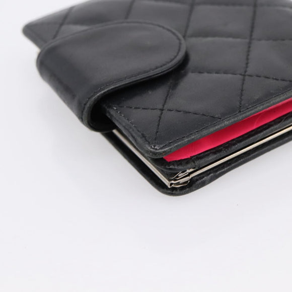 CHANEL Matelasse Cambon Line Bifold Wallet Leather Black Silver CC Auth 194479