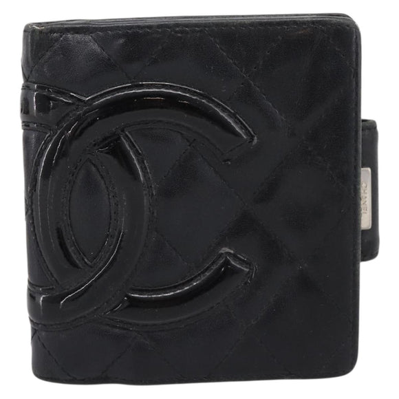 CHANEL Matelasse Cambon Line Bifold Wallet Leather Black Silver CC Auth 194479