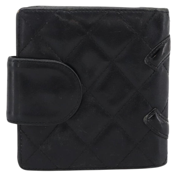 CHANEL Matelasse Cambon Line Bifold Wallet Leather Black Silver CC Auth 194479