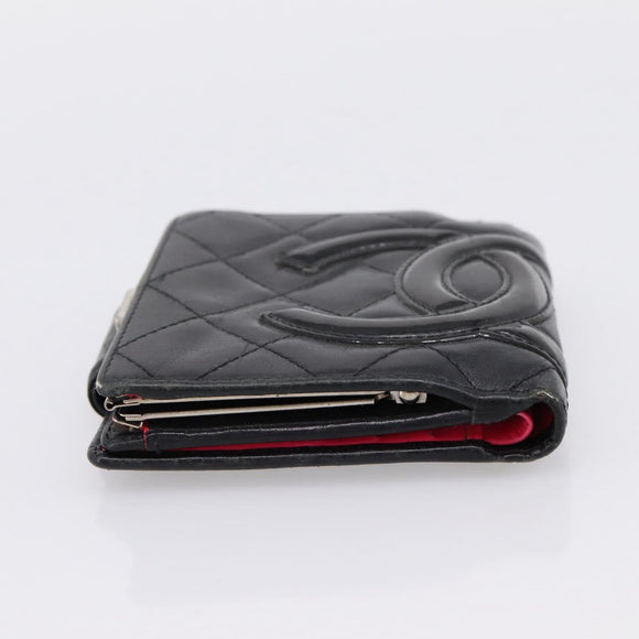 CHANEL Matelasse Cambon Line Bifold Wallet Leather Black Silver CC Auth 194479