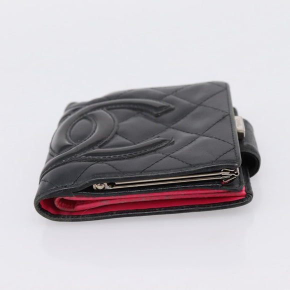CHANEL Matelasse Cambon Line Bifold Wallet Leather Black Silver CC Auth 194479
