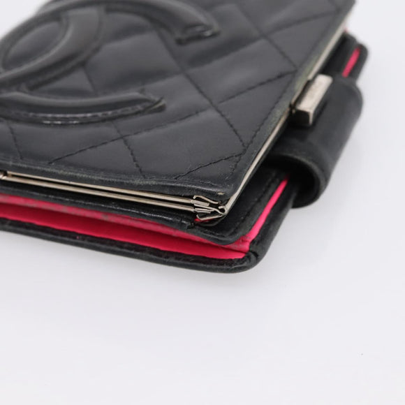 CHANEL Matelasse Cambon Line Bifold Wallet Leather Black Silver CC Auth 194479