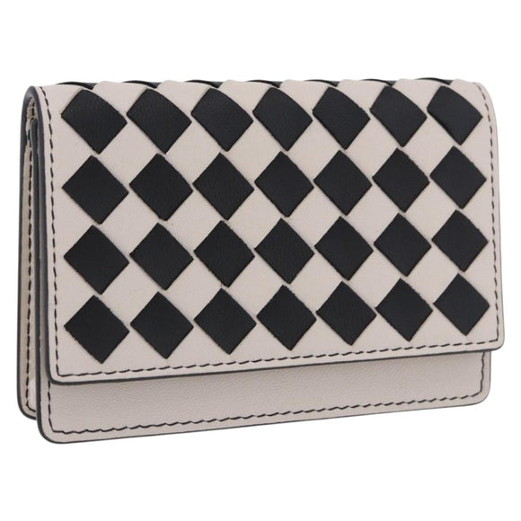 BOTTEGA VENETA INTRECCIATO Card Case Leather Beige Black Auth 194481A