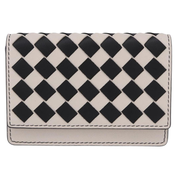 BOTTEGA VENETA INTRECCIATO Card Case Leather Beige Black Auth 194481A