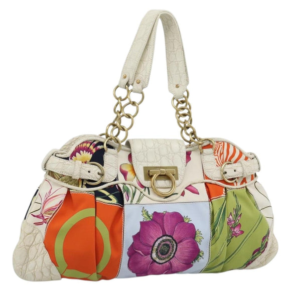 Salvatore Ferragamo Gancini Chain Hand Bag Nylon White Gold Auth 194550A