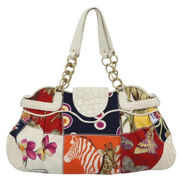 Salvatore Ferragamo Gancini Chain Hand Bag Nylon White Gold Auth 194550A