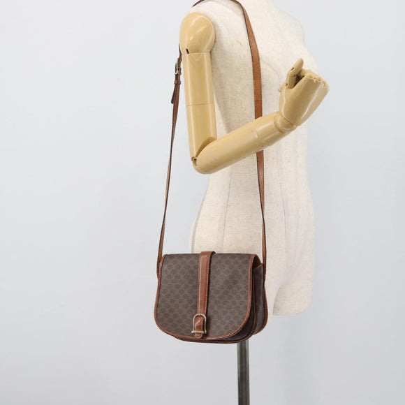 CELINE Macadam Canvas Shoulder Bag PVC Leather Brown Gold Auth 194551