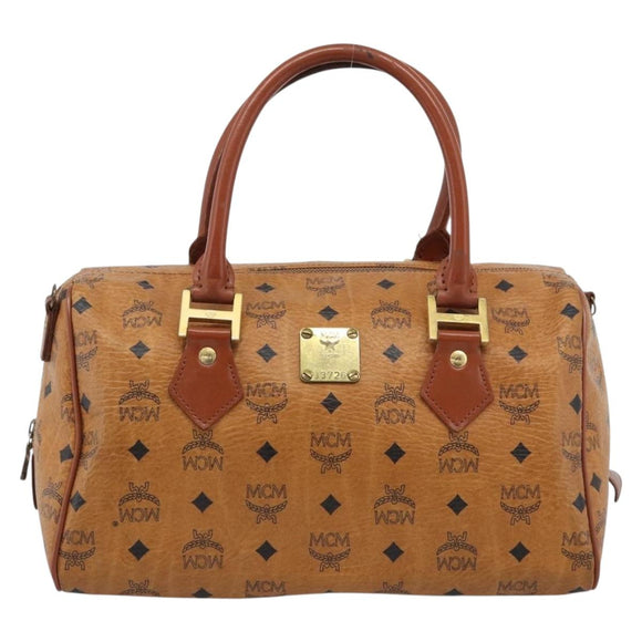 MCM Logogram Vicetos Boston Bag PVC Leather Brown Gold Auth 194565
