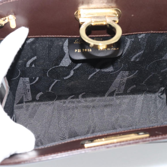 Salvatore Ferragamo Gancini Chain Bag Leather Dark Brown Gold Auth 194570A
