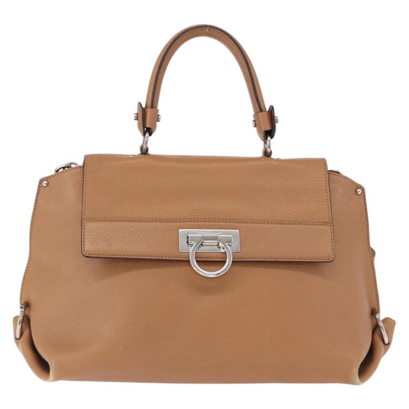 Salvatore Ferragamo Sofia Gancini Hand Bag Leather 2way Beige Silver Auth 194596A