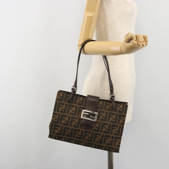 FENDI Zucca Canvas Mamma Baguette Tote Bag Brown Black Auth 194611