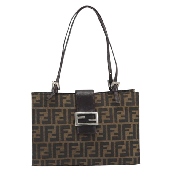 FENDI Zucca Canvas Mamma Baguette Tote Bag Brown Black Auth 194611