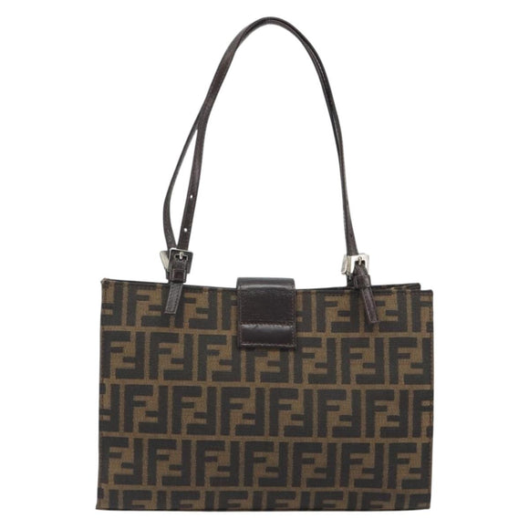 FENDI Zucca Canvas Mamma Baguette Tote Bag Brown Black Auth 194611