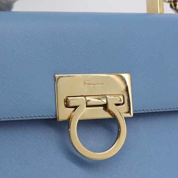 Salvatore Ferragamo Gancini Hand Bag Leather 2way Light Blue Gold Auth 194641A