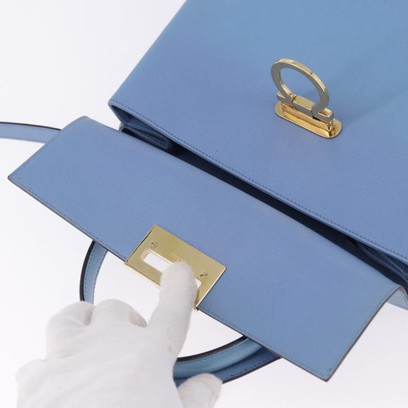Salvatore Ferragamo Gancini Hand Bag Leather 2way Light Blue Gold Auth 194641A