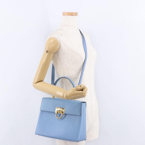 Salvatore Ferragamo Gancini Hand Bag Leather 2way Light Blue Gold Auth 194641A