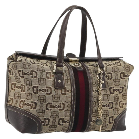 GUCCI Horsebit Sherry Line Boston Bag Canvas Beige Gold 150335 Auth 194651V
