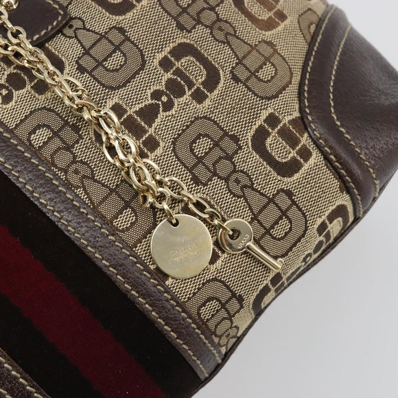 GUCCI Horsebit Sherry Line Boston Bag Canvas Beige Gold 150335 Auth 194651V